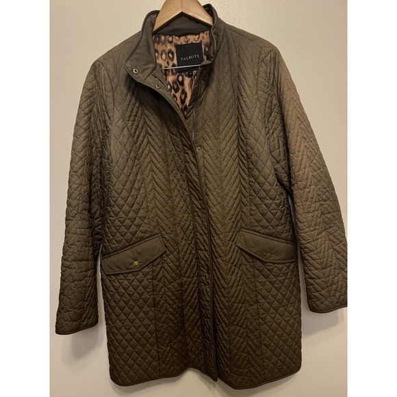 Talbots Quilted Olive Green Long Jacket Coat Snap Double Zipper Sz 14 Women - Picture 1 of 12